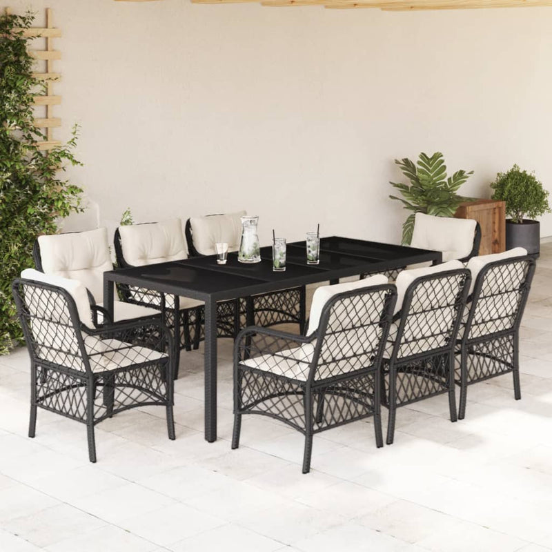 Set mobilier de grădină cu perne, 9 piese, negru, poliratan
