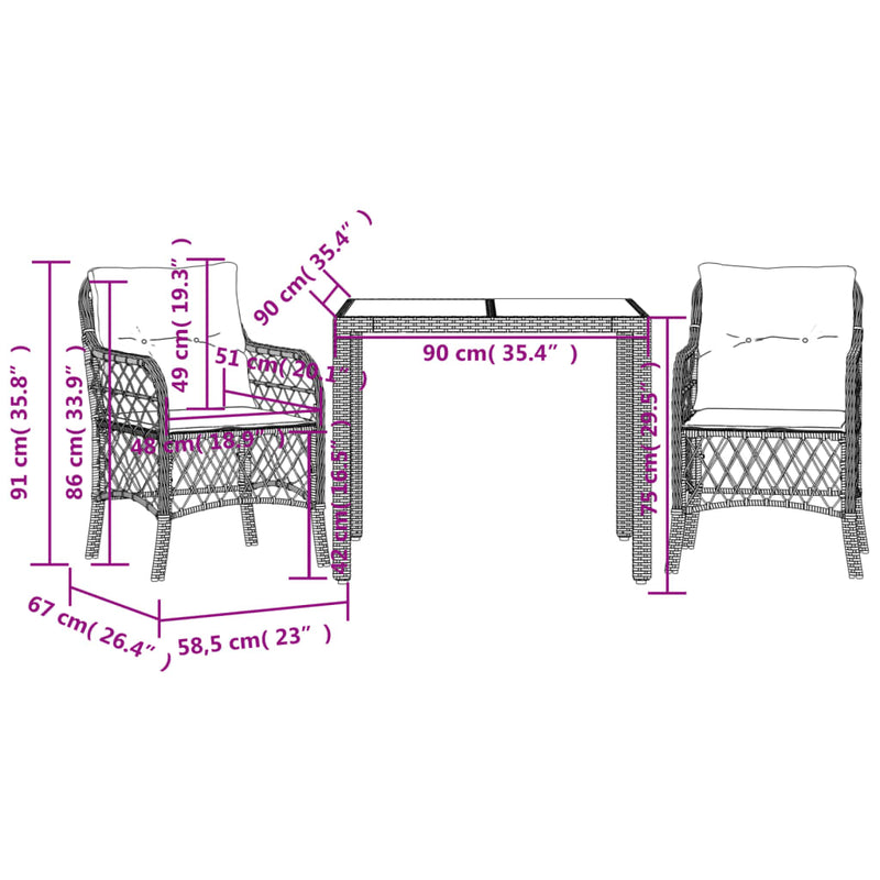 Set bistro cu perne, 3 piese, negru, poliratan