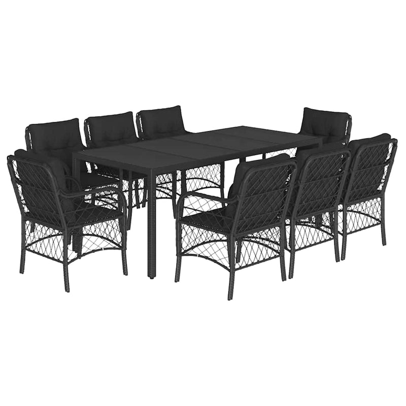 Set mobilier de grădină cu perne, 9 piese, negru, poliratan