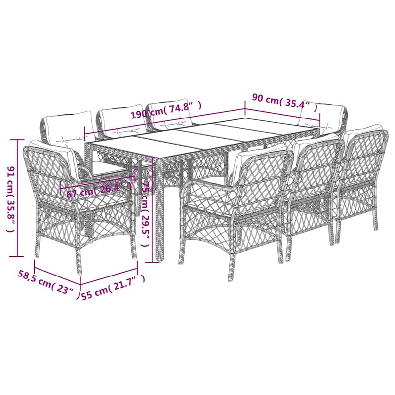 Set mobilier de grădină cu perne, 9 piese, negru, poliratan
