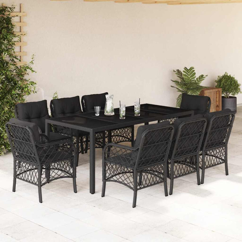 Set mobilier de grădină cu perne, 9 piese, negru, poliratan