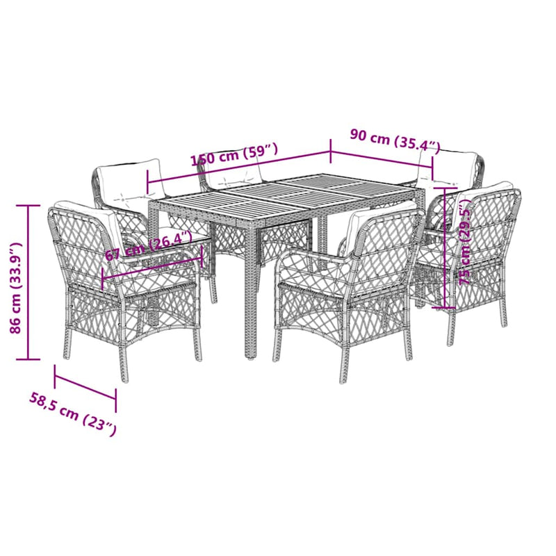 Set mobilier de grădină cu perne, 7 piese, negru, poliratan