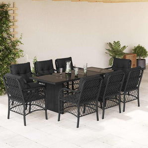 Set mobilier de grădină cu perne, 9 piese, negru, poliratan