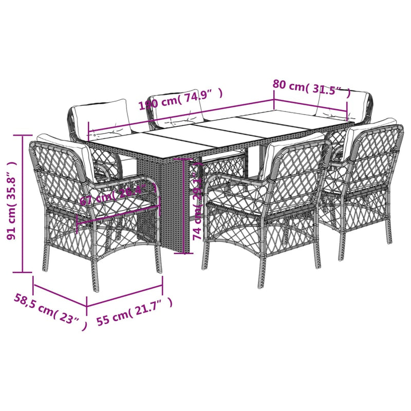 Set mobilier de grădină cu perne, 7 piese, gri, poliratan