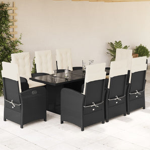 Set mobilier de grădină cu perne, 9 piese, negru, poliratan