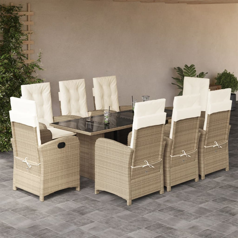 Set de masă pentru grădină, 9 piese, cu perne, bej, poliratan