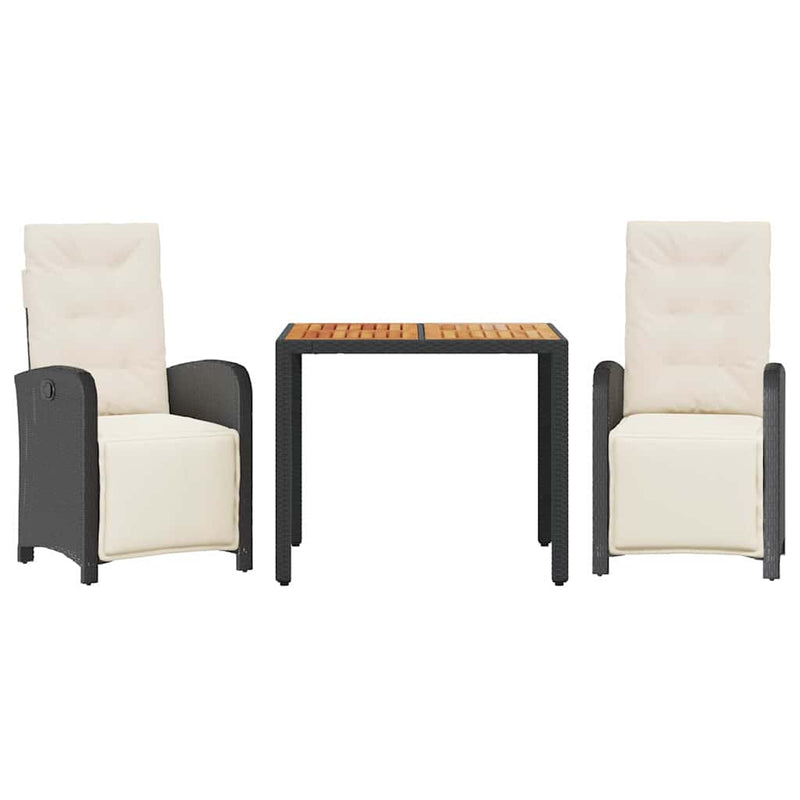 Set bistro cu perne, 3 piese, negru, poliratan