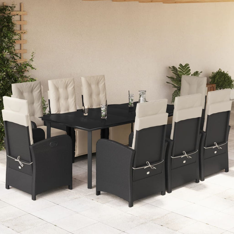 Set mobilier de grădină cu perne, 9 piese, negru, poliratan