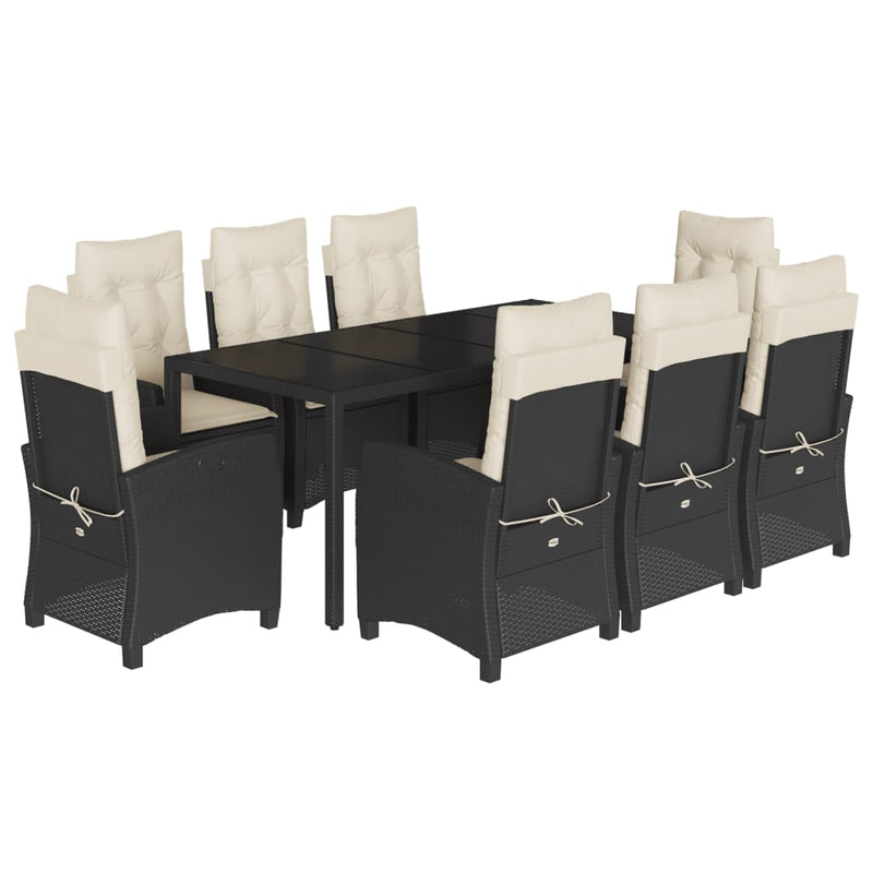 Set mobilier de grădină cu perne, 9 piese, negru, poliratan