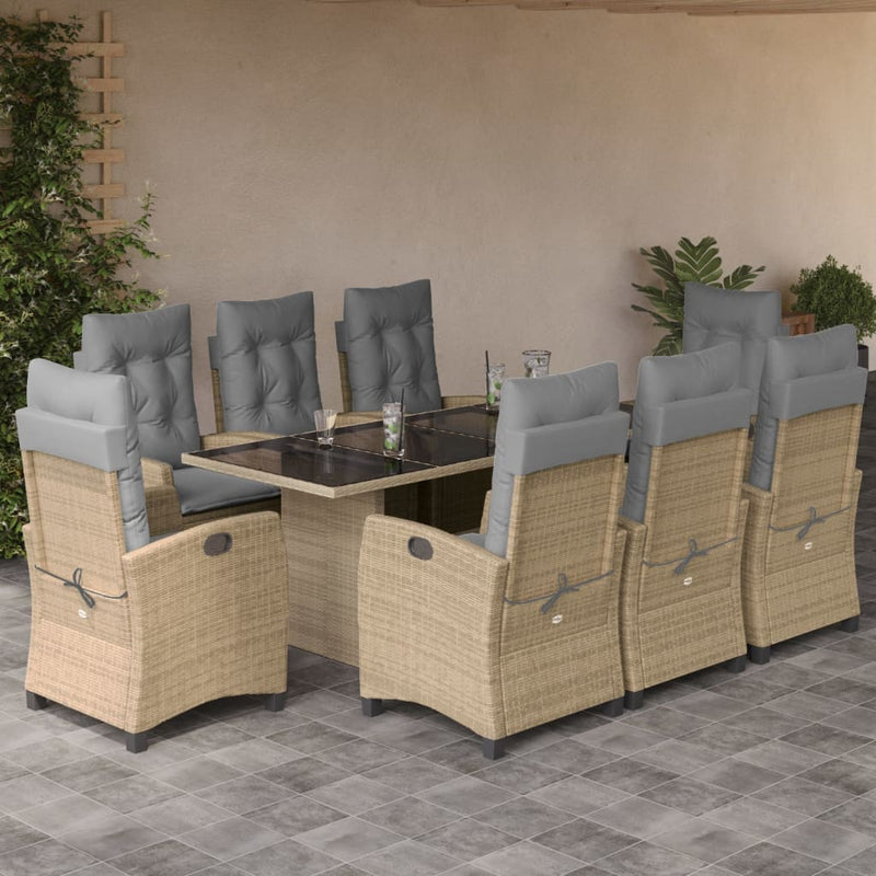 Set de masă pentru grădină, 9 piese, cu perne, bej, poliratan
