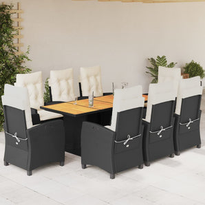 Set mobilier de grădină cu perne, 9 piese, negru, poliratan