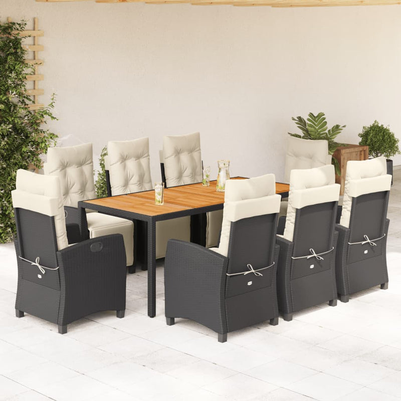 Set mobilier de grădină cu perne, 9 piese, negru, poliratan