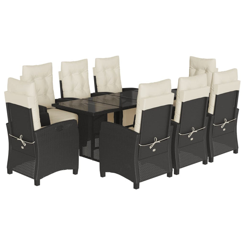 Set mobilier de grădină cu perne, 9 piese, negru, poliratan