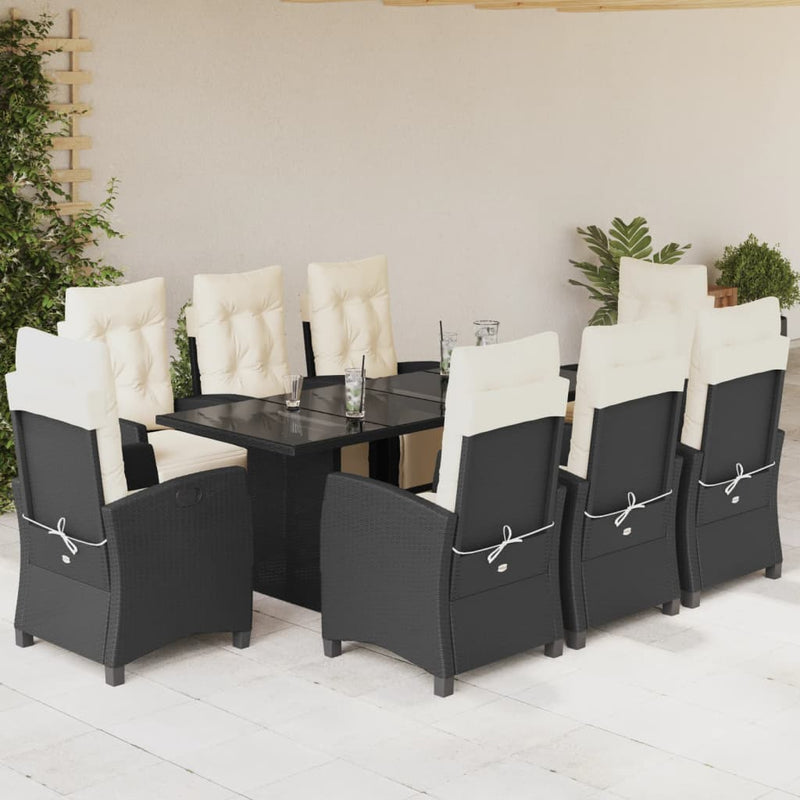 Set mobilier de grădină cu perne, 9 piese, negru, poliratan