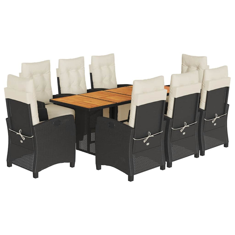 Set mobilier de grădină cu perne, 9 piese, negru, poliratan