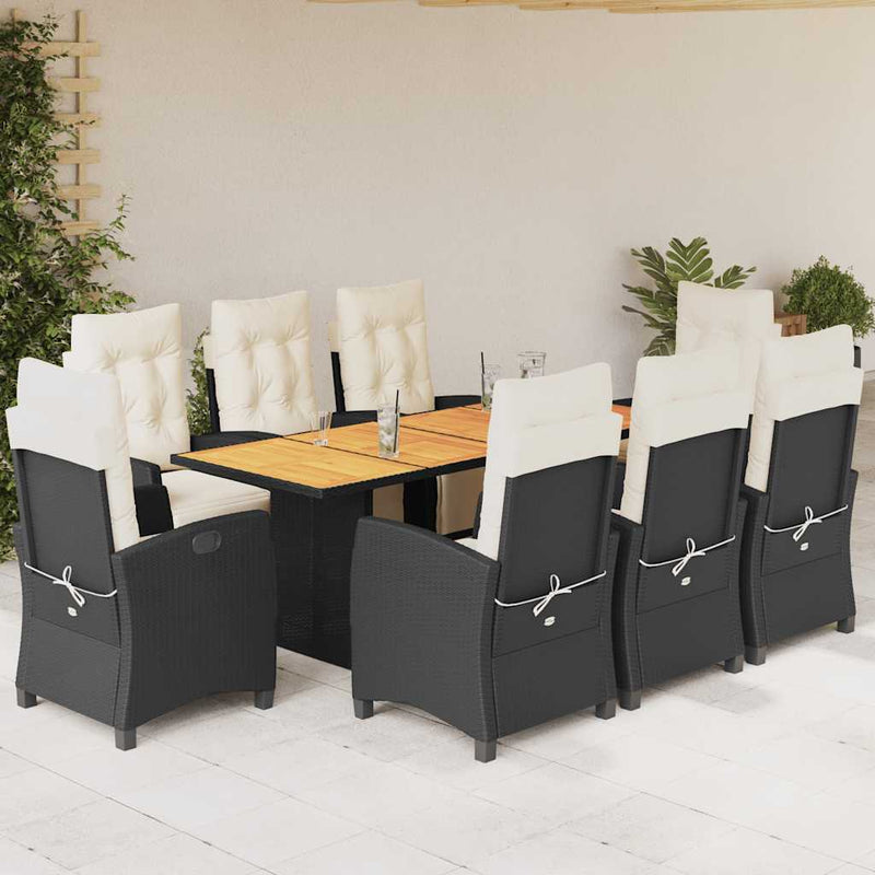 Set mobilier de grădină cu perne, 9 piese, negru, poliratan