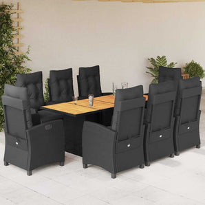 Set mobilier de grădină cu perne, 9 piese, negru, poliratan