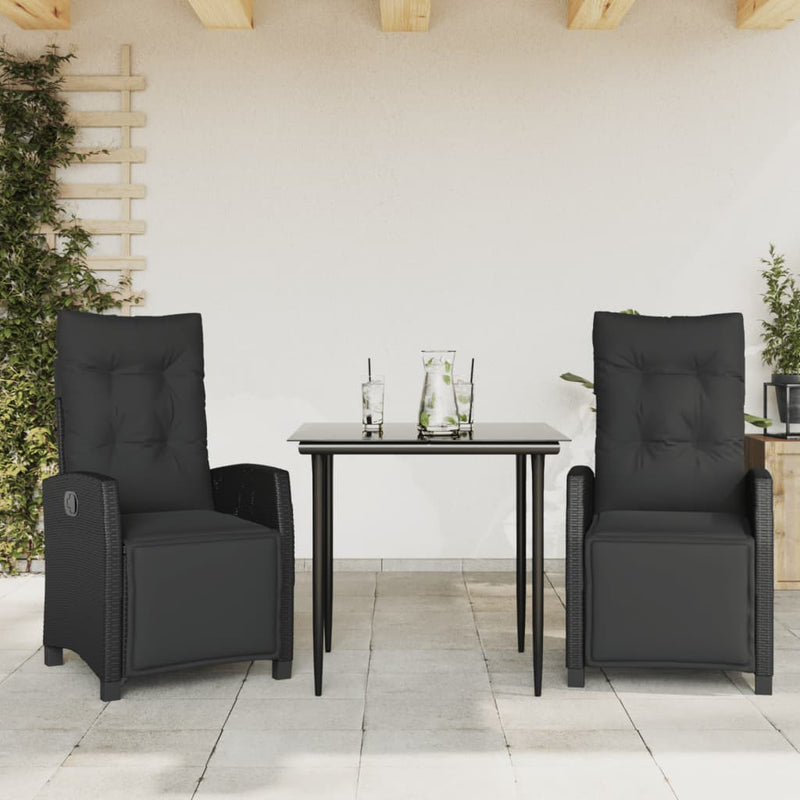 Set mobilier de grădină cu perne, 3 piese, negru, poliratan