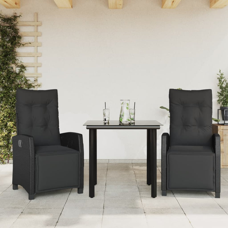 Set mobilier de grădină cu perne, 3 piese, negru, poliratan