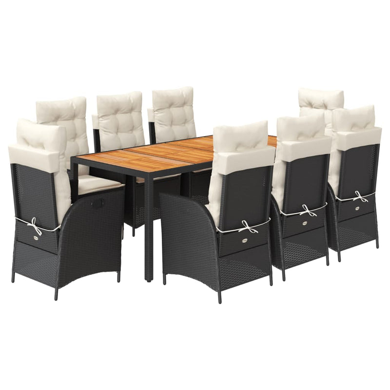 Set mobilier de grădină cu perne, 9 piese, negru, poliratan