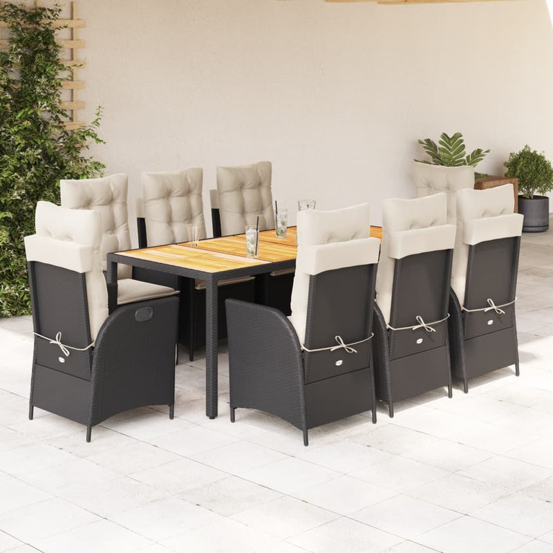 Set mobilier de grădină cu perne, 9 piese, negru, poliratan