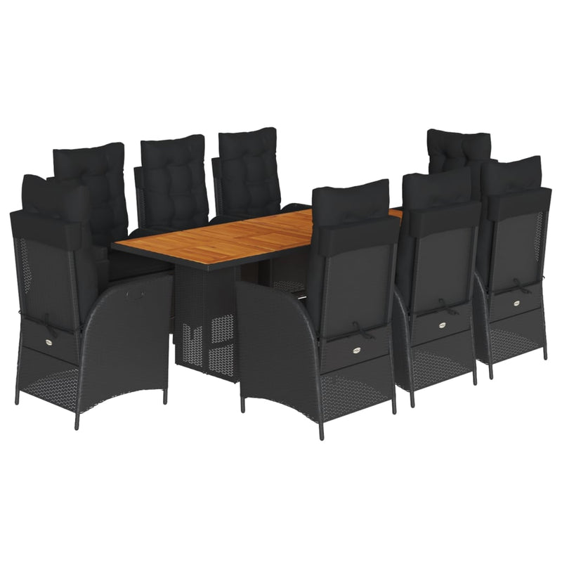 Set mobilier de grădină cu perne, 9 piese, negru, poliratan