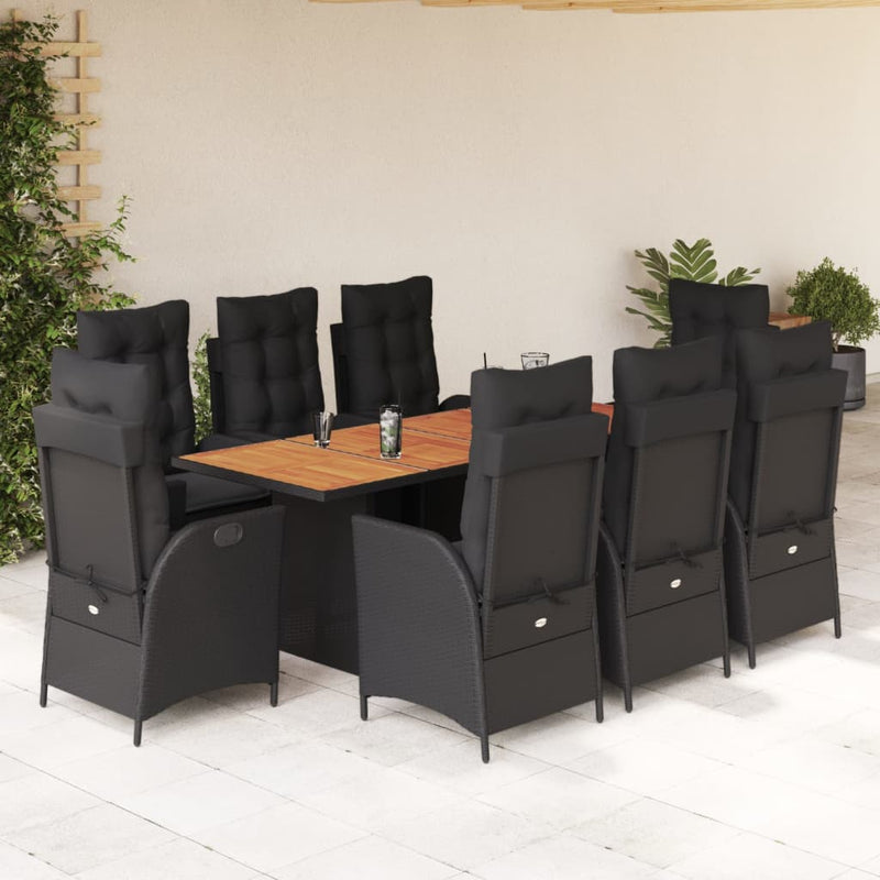 Set mobilier de grădină cu perne, 9 piese, negru, poliratan