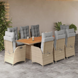 Set de masă pentru grădină, 9 piese, cu perne, bej, poliratan