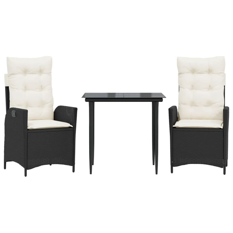 Set mobilier de grădină cu perne, 3 piese, negru, poliratan