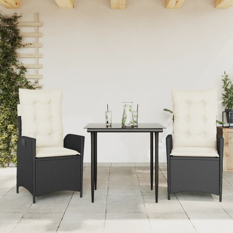 Set mobilier de grădină cu perne, 3 piese, negru, poliratan