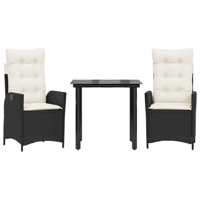 Set mobilier de grădină cu perne, 3 piese, negru, poliratan