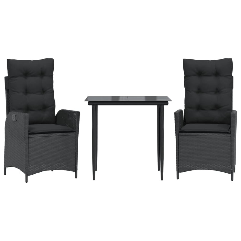 Set mobilier de grădină cu perne, 3 piese, negru, poliratan