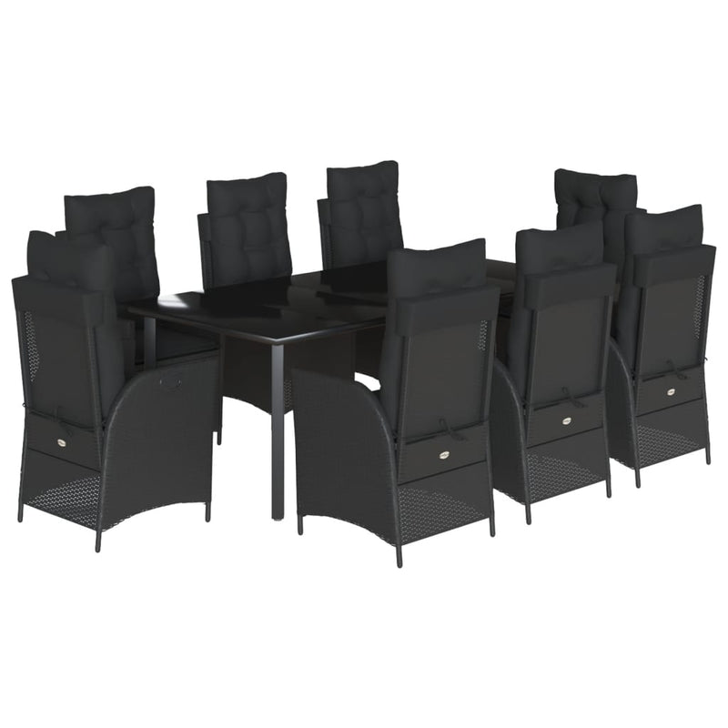 Set mobilier de grădină cu perne, 9 piese, negru, poliratan
