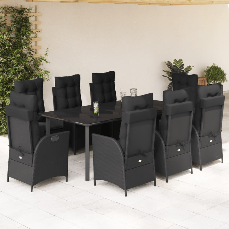 Set mobilier de grădină cu perne, 9 piese, negru, poliratan