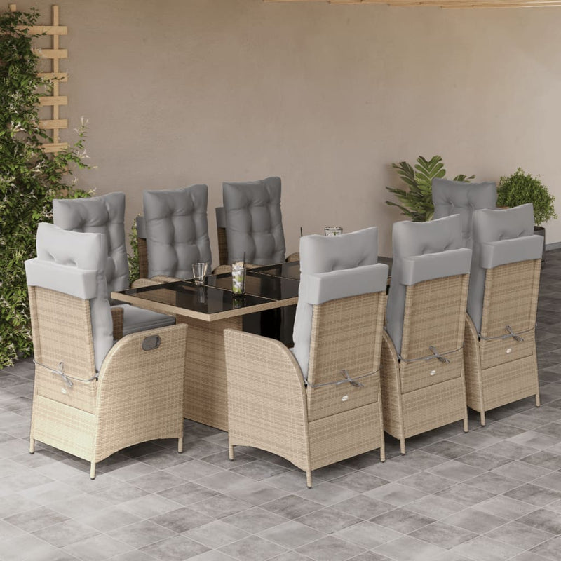 Set de masă pentru grădină, 9 piese, cu perne, bej, poliratan