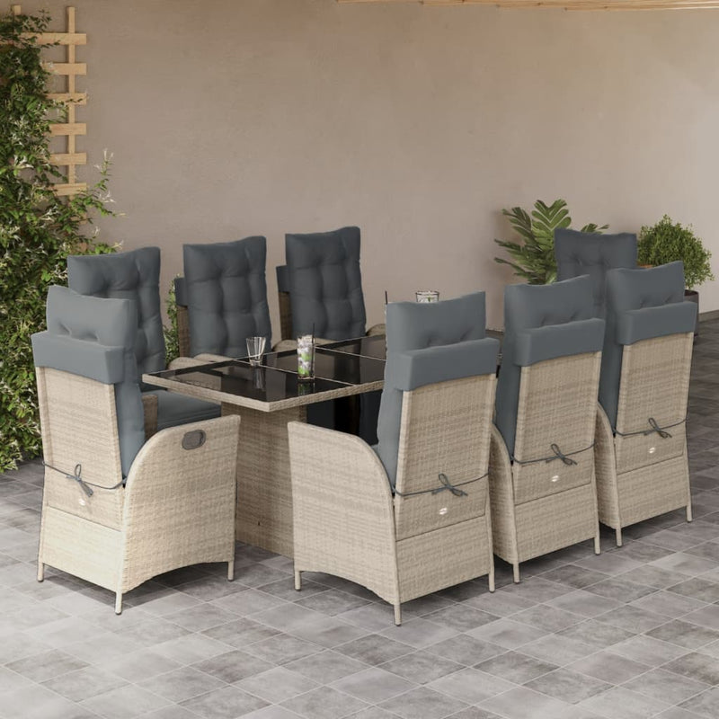 Set mobilier grădină cu perne, 9 piese, gri deschis, poliratan