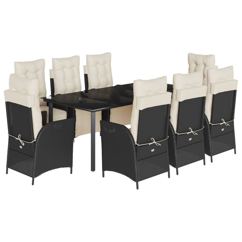 Set mobilier de grădină cu perne, 9 piese, negru, poliratan
