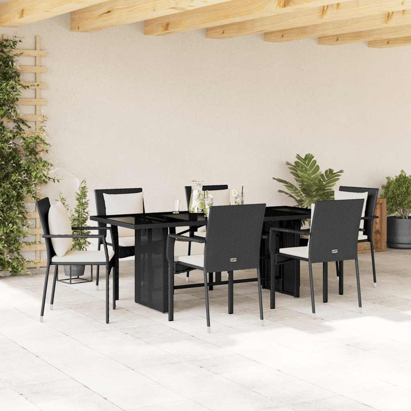 Set mobilier de grădină cu perne, 7 piese, negru, poliratan