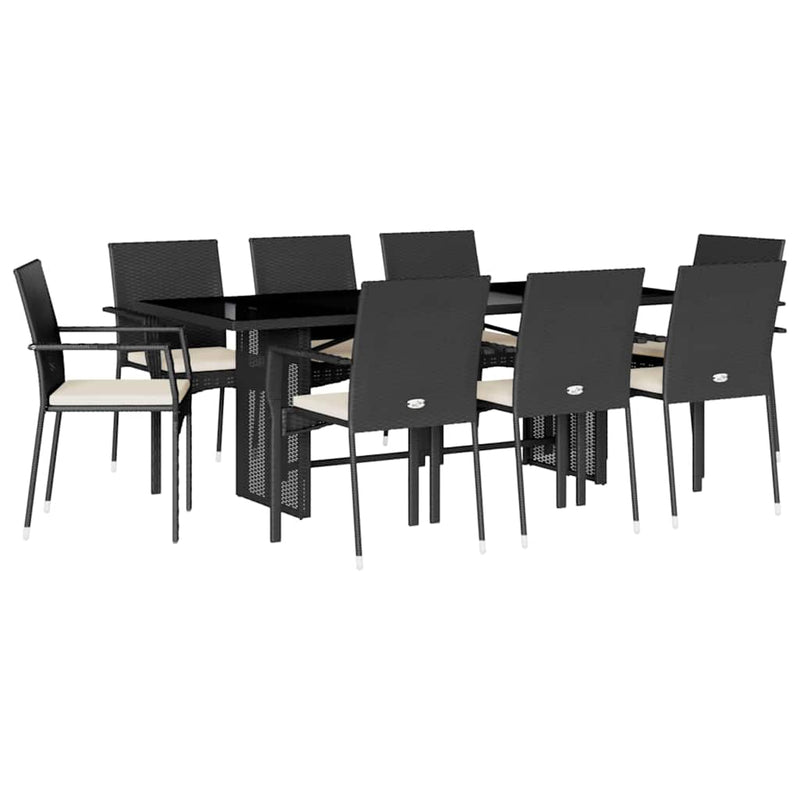 Set mobilier de grădină cu perne, 9 piese, negru, poliratan