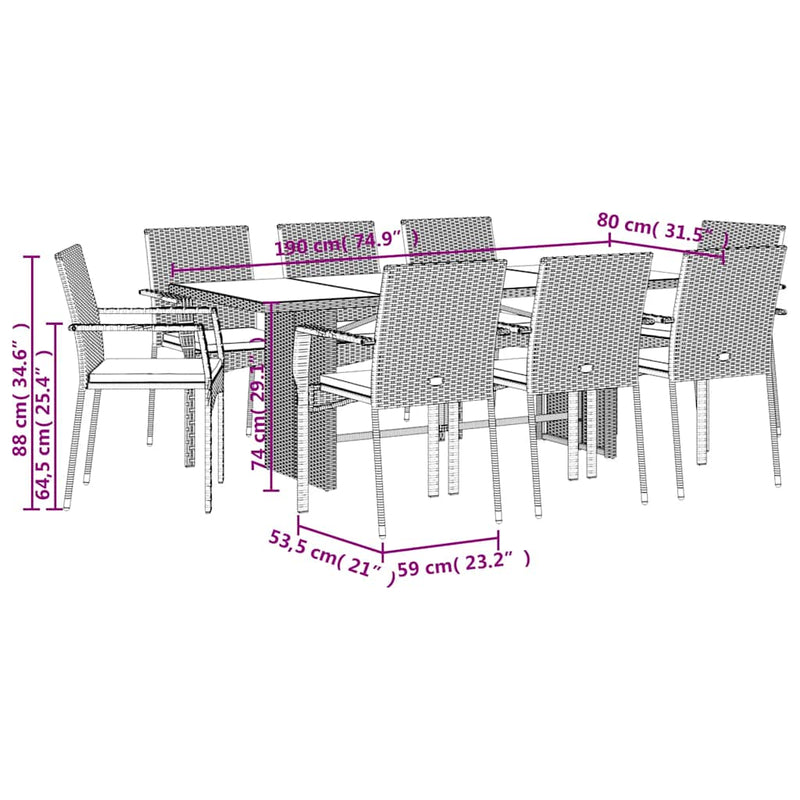 Set mobilier de grădină cu perne, 9 piese, negru, poliratan