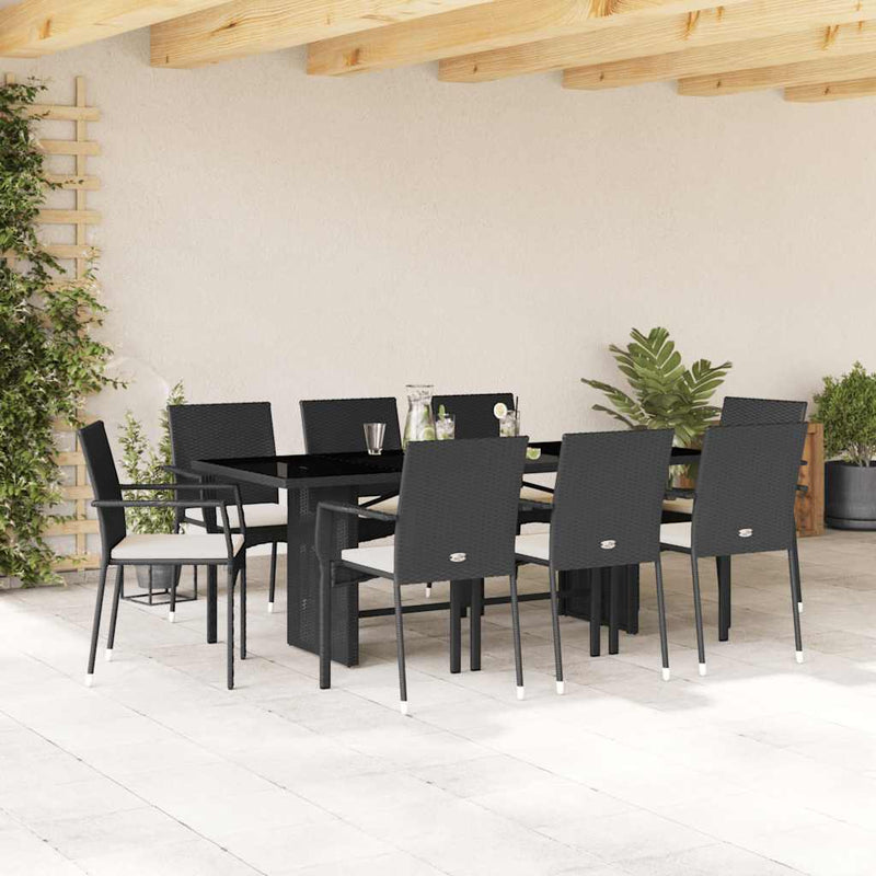 Set mobilier de grădină cu perne, 9 piese, negru, poliratan