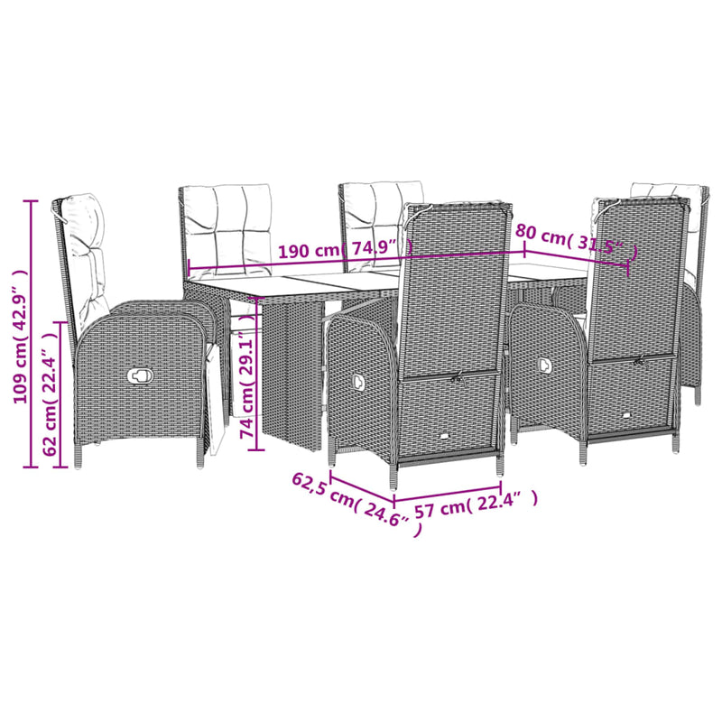 Set mobilier de grădină cu perne, 7 piese, negru, poliratan