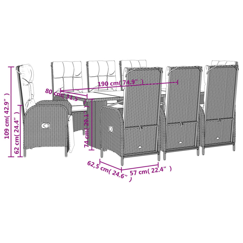 Set mobilier de grădină cu perne, 9 piese, negru, poliratan