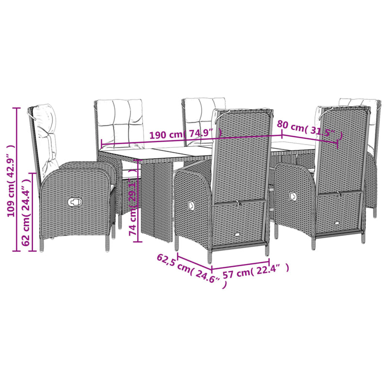 Set mobilier de grădină cu perne, 7 piese, gri, poliratan