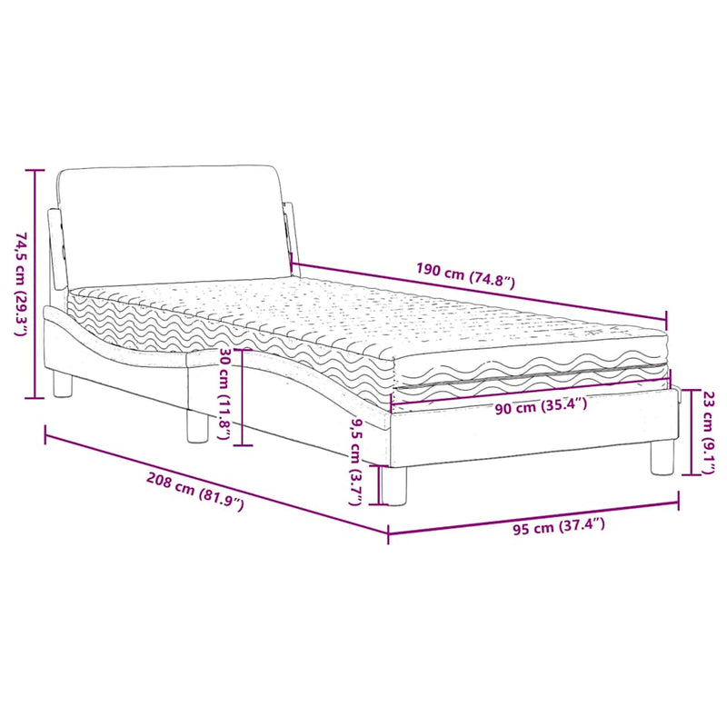 Pat cu saltea, Dover, gri deschis, 90x190 cm, textil