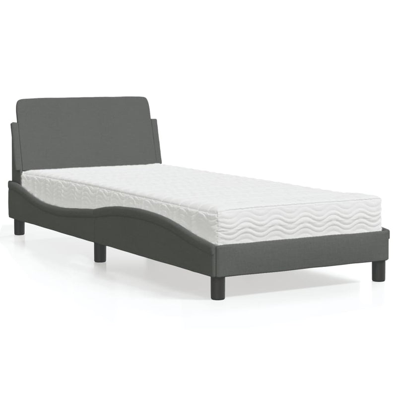 Pat cu saltea, Dover, gri închis, 90x190 cm, textil