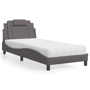 Pat, Viana, cu saltea, gri, 90x200 cm, piele ecologică