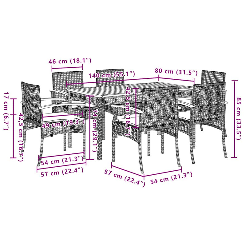 Set mobilier de grădină cu perne, 7 piese, gri, poliratan