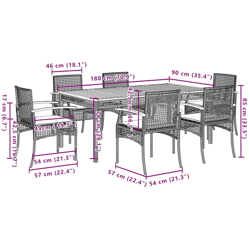 Set mobilier de grădină cu perne, 7 piese, gri, poliratan