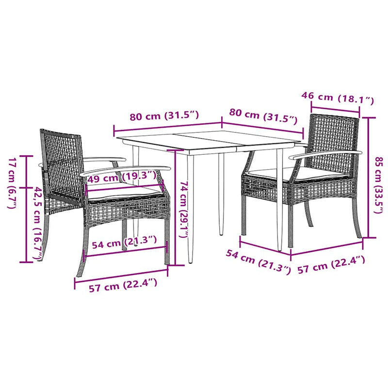 Set mobilier de grădină cu perne, 3 piese, gri, poliratan